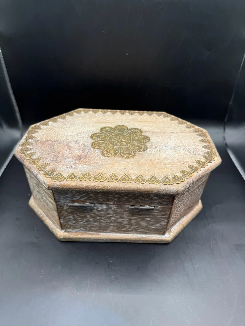 Vintage Hand Carved Wooden Octagon Keepsake Jewelry Box Rustic Decor